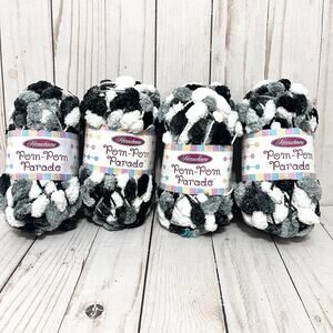 Herrschners Pom-Pom Parade Lot of 4 Skeins of Yarn Black, Gray, White